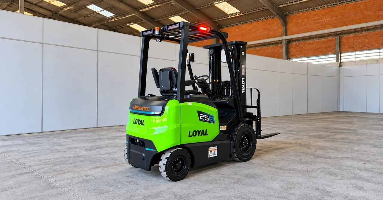 Empilhadeira verde Loyal com identificação Mastertec, vista traseira e lateral em um galpão